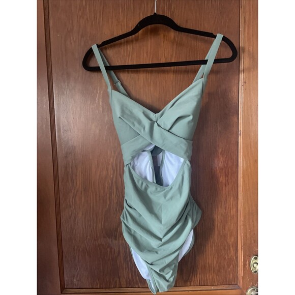 Eomenie One Piece Swimsuit Cutout Halter Ruched Tummy Control M Sage Green NWT - Picture 1 of 9